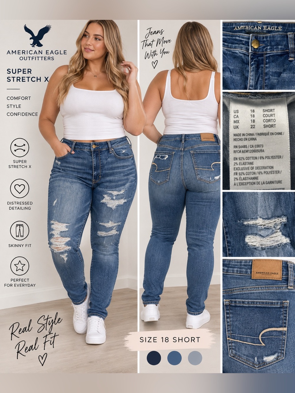 American Eagle Super Stretch X Distressed Skinny Jeans Size 18 Short